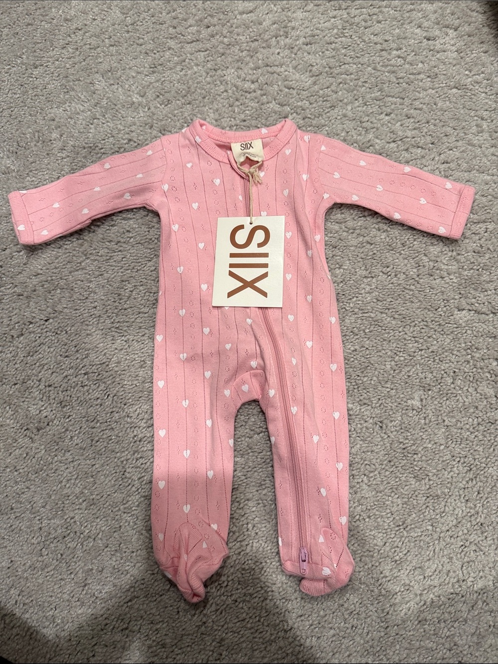 NWT- SIIX Pink Heart-Print Knit Footed One-Piece- NB